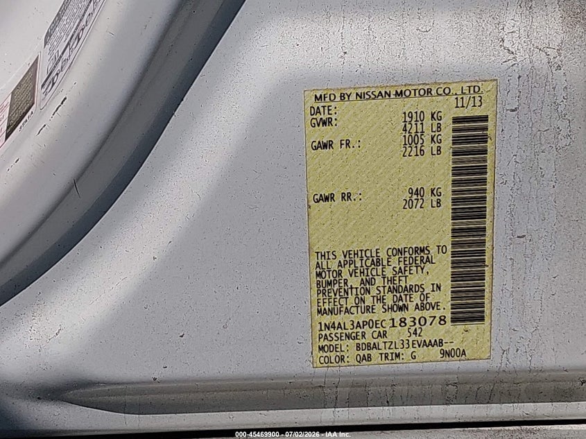 2014 Nissan Altima VIN 1N4AL3AP0EC183078 IAAI salvage auction — NORMAL WEAR, Repossession Paperwork (South Carolina), sold $950 on 2026-07-22 (photo 9)