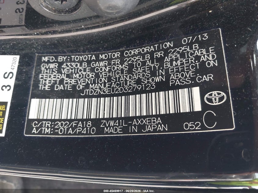 2013 Toyota Prius v VIN JTDZN3EU2D3279123 IAAI salvage auction — RIGHT FRONT, Salvage (North Carolina), sold $2,850 on 2026-07-16 (photo 9)