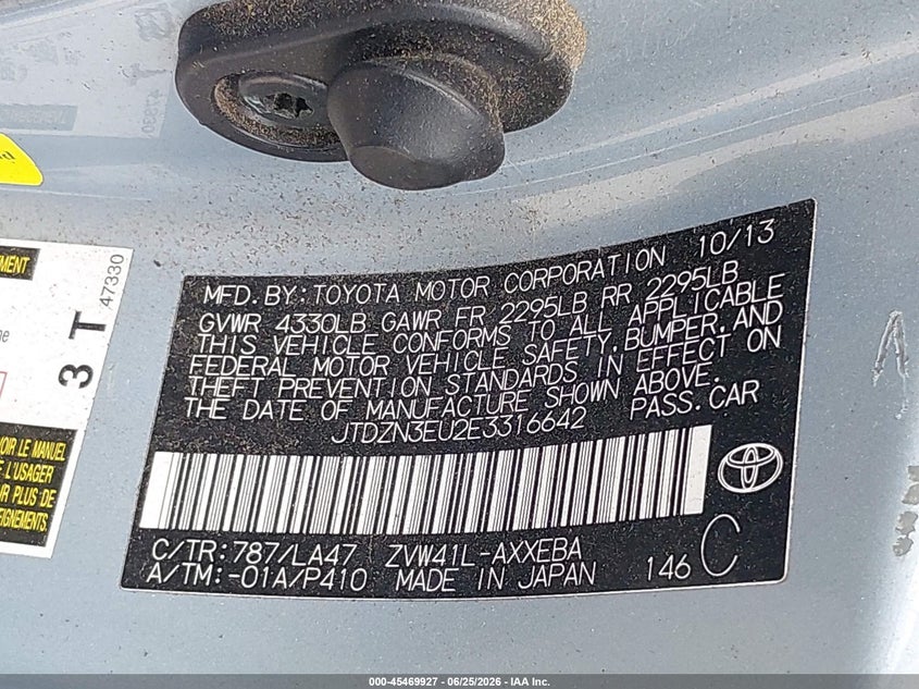 2014 Toyota Prius v VIN JTDZN3EU2E3316642 IAAI salvage auction — NORMAL WEAR, Clear (Montana), sold $25 on 2026-07-21 (photo 9)