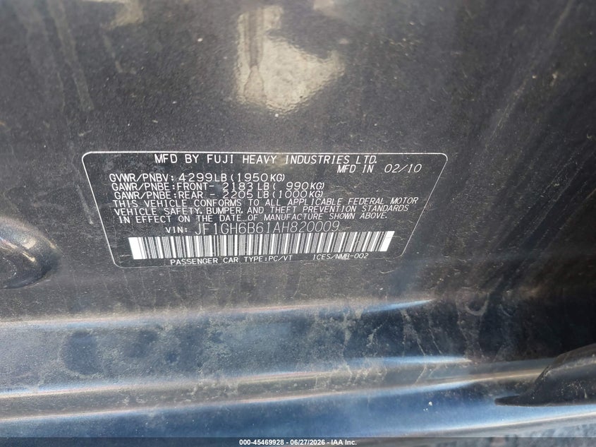 2010 Subaru Impreza VIN JF1GH6B61AH820009 IAAI salvage auction — NORMAL WEAR, Clear (Colorado), sold $1,050 on 2026-07-07 (photo 9)