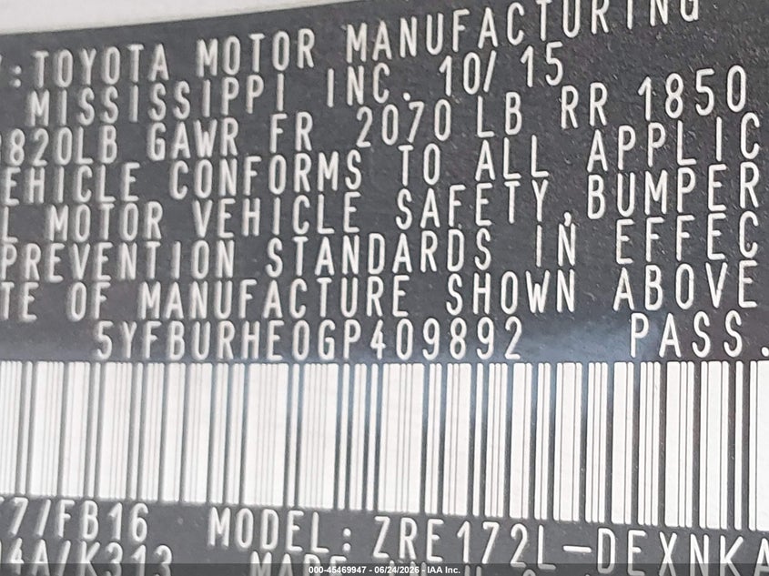 2016 Toyota Corolla VIN 5YFBURHE0GP409892 IAAI salvage auction — NORMAL WEAR, Original (Texas), sold $3,150 on 2026-07-13 (photo 9)