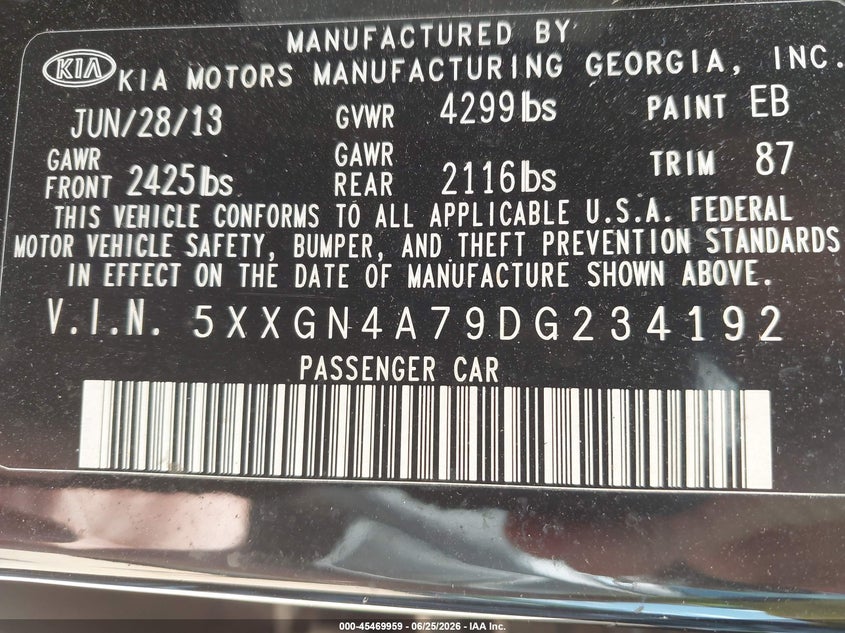 2013 Kia Optima VIN 5XXGN4A79DG234192 IAAI salvage auction — FRONT END, Salvage (North Carolina), sold $525 on 2026-07-20 (photo 9)