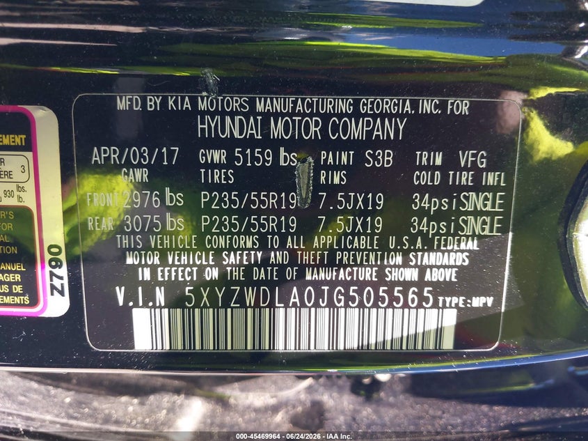 2018 Hyundai Santa fe VIN 5XYZWDLA0JG505565 IAAI salvage auction — NORMAL WEAR, Clear (Maryland), sold $125 on 2026-07-23 (photo 9)