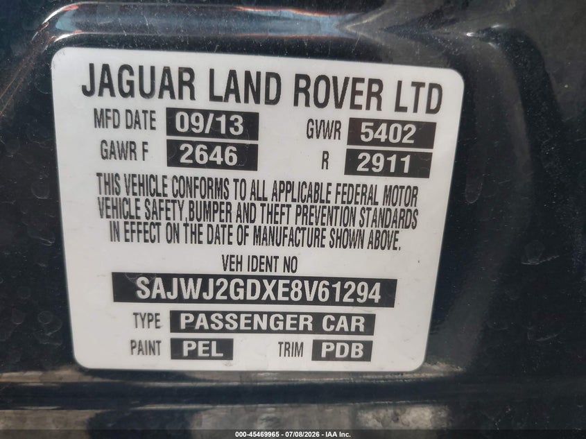 2014 Jaguar Xj series VIN SAJWJ2GDXE8V61294 IAAI salvage auction — FRONT END, Clear (Massachusetts), sold $25 on 2026-07-10 (photo 9)