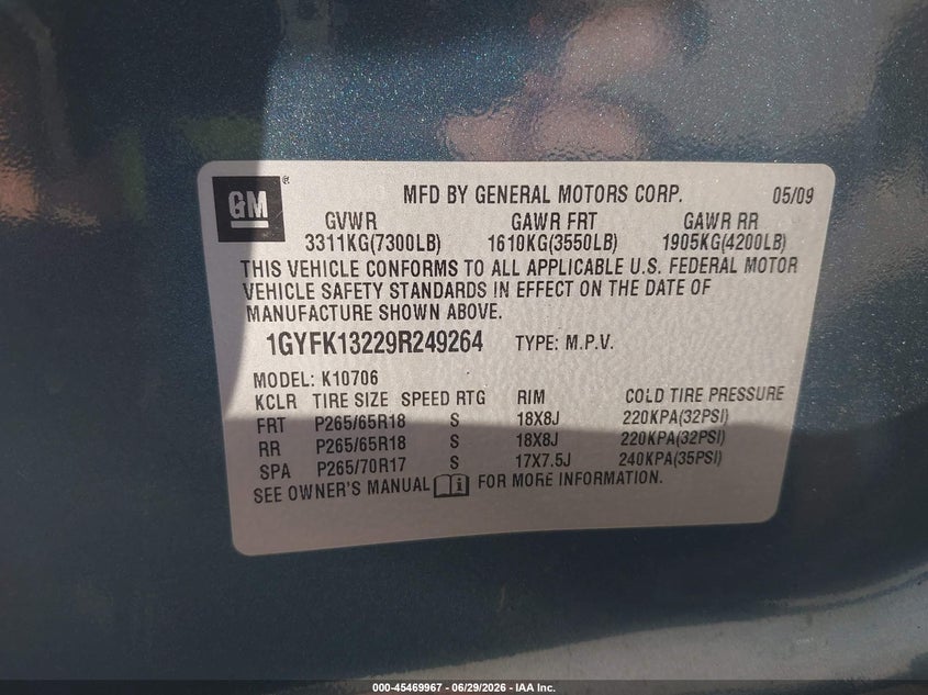 2009 Cadillac Escalade VIN 1GYFK13229R249264 IAAI salvage auction — LEFT FRONT, Salvage (Ohio), sold $1,825 on 2026-10-06 (photo 9)