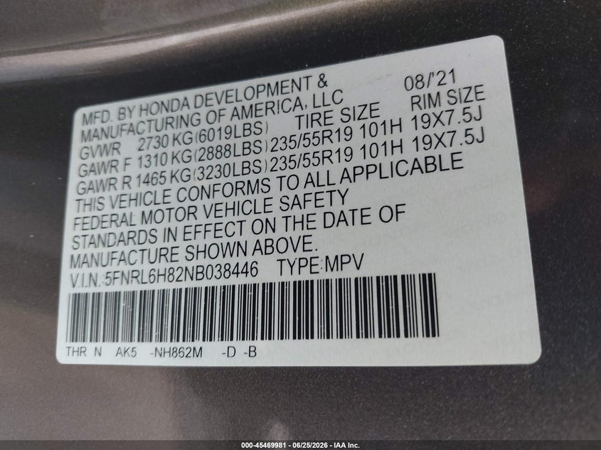 2022 Honda Odyssey VIN 5FNRL6H82NB038446 IAAI salvage auction — FRONT END, Salvage (North Carolina), sold $7,600 on 2026-07-30 (photo 9)