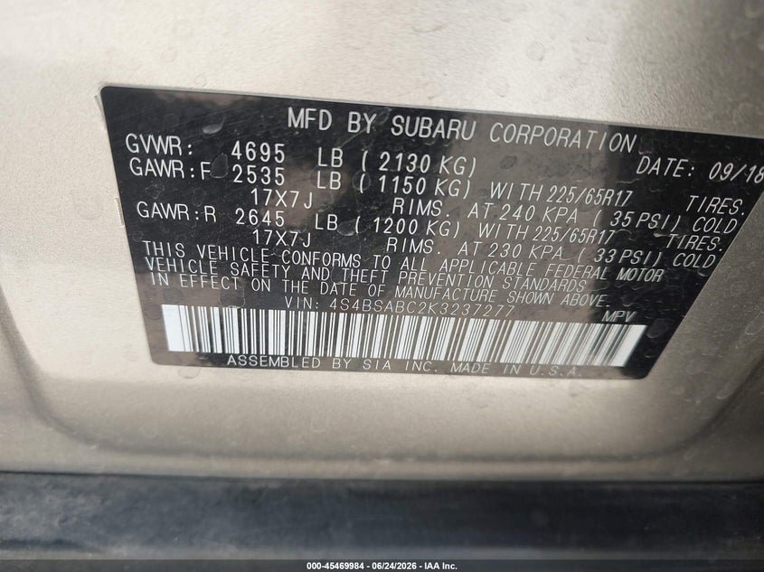 2019 Subaru Outback VIN 4S4BSABC2K3237277 IAAI salvage auction — SIDE, Salvage Title, sold $450 on 2026-07-09 (photo 9)