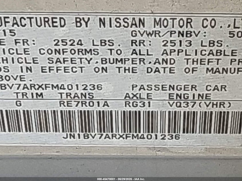 2015 Infiniti Q50 VIN JN1BV7ARXFM401236 IAAI salvage auction — FRONT & REAR, Mv-907A (New York), sold $425 on 2026-07-21 (photo 9)