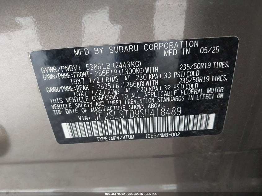 2025 Subaru Forester VIN JF2SLSTD9SH418489 IAAI salvage auction — FRONT END, Mv-907A (New York), sold $13,900 on 2026-07-28 (photo 9)