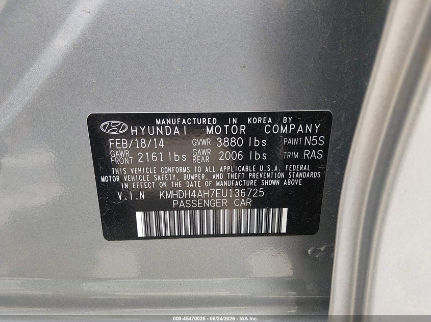 2014 Hyundai Elantra VIN KMHDH4AH7EU136725 IAAI salvage auction — RIGHT FRONT, Salvage (Missouri), sold $1,000 on 2026-07-19 (photo 9)