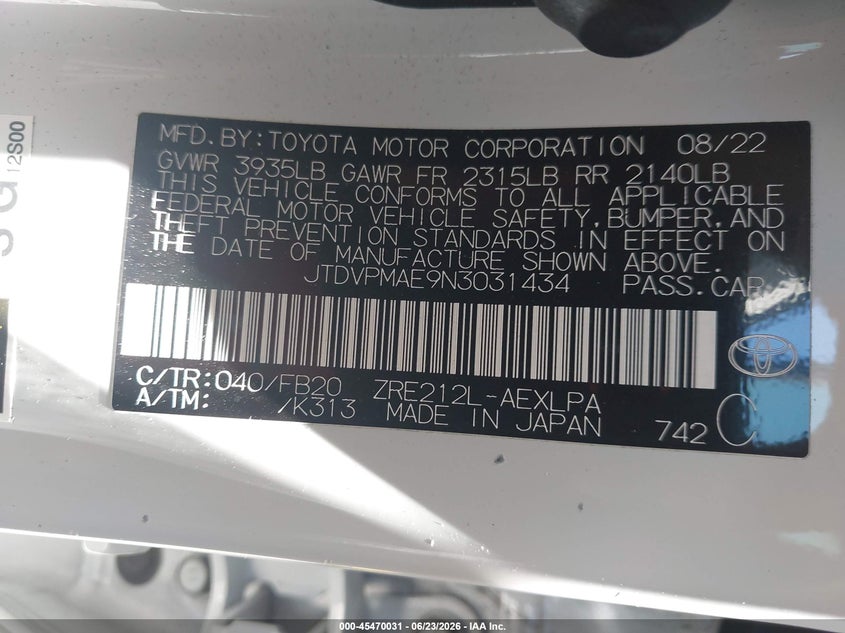 2022 Toyota Corolla VIN JTDVPMAE9N3031434 IAAI salvage auction — SIDE, Salvage (California), sold $4,350 on 2026-07-23 (photo 9)