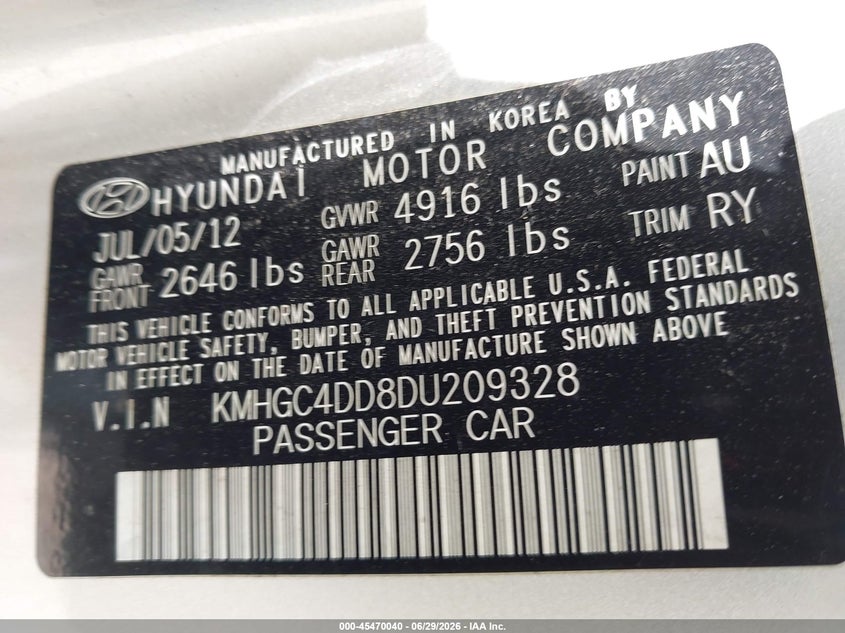 2013 Hyundai Genesis VIN KMHGC4DD8DU209328 IAAI salvage auction — FRONT END, Salvage (Texas), sold $450 on 2026-07-29 (photo 9)