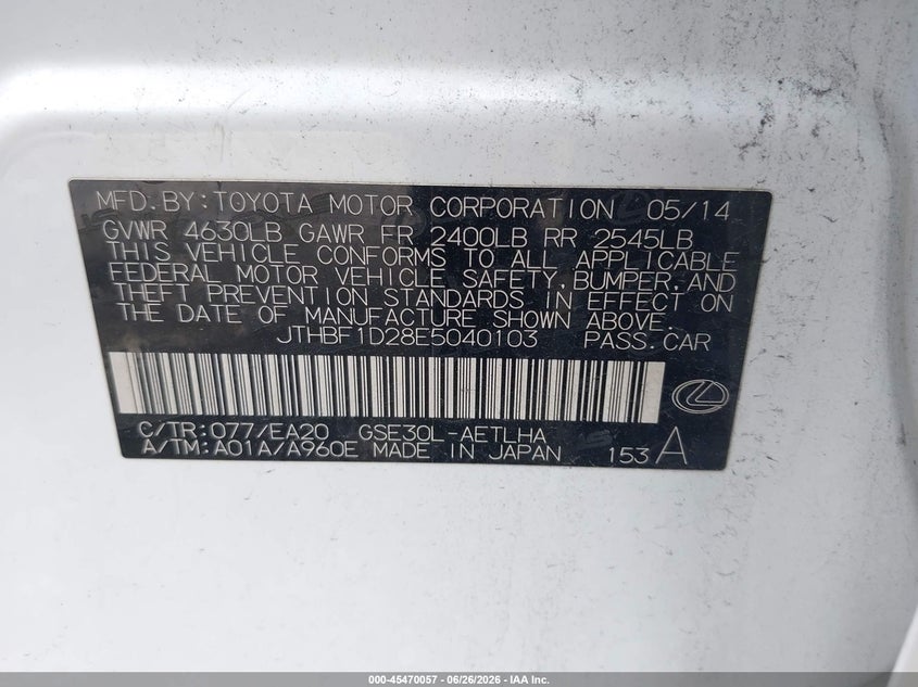 2014 Lexus Is VIN JTHBF1D28E5040103 IAAI salvage auction — LEFT REAR, Salvage (Florida), sold $2,450 on 2026-07-08 (photo 9)