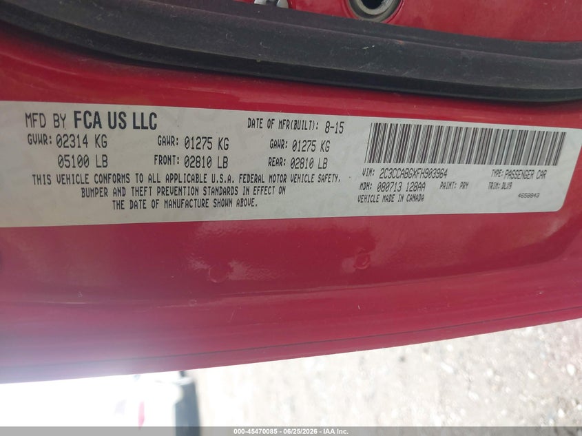 2015 Chrysler 300 VIN 2C3CCABGXFH903964 IAAI salvage auction — FRONT & REAR, Salvage Title, sold $675 on 2026-07-25 (photo 9)