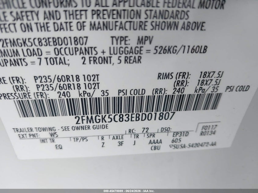 2014 Ford Flex VIN 2FMGK5C83EBD01807 IAAI salvage auction — FRONT END, Salvage Title, sold $550 on 2026-07-23 (photo 9)