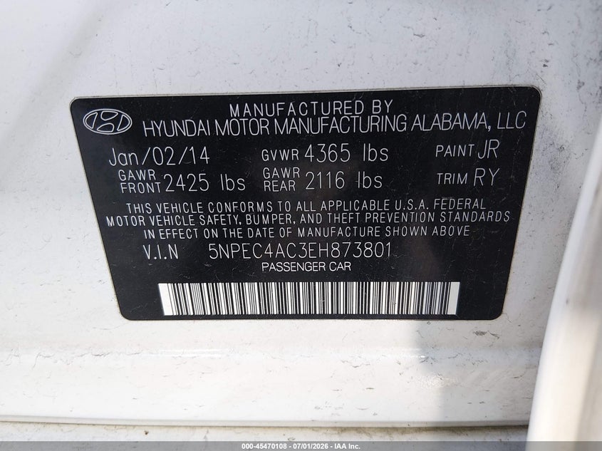 2014 Hyundai Sonata VIN 5NPEC4AC3EH873801 IAAI salvage auction — NORMAL WEAR, Original (Kentucky), sold $250 on 2026-07-29 (photo 9)