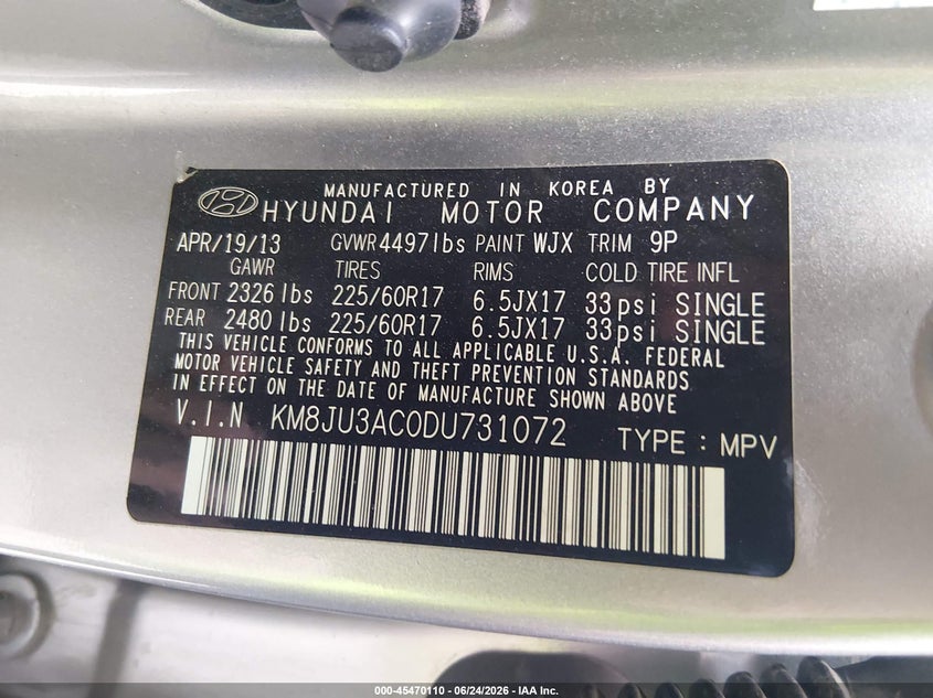 2013 Hyundai Tucson VIN KM8JU3AC0DU731072 IAAI salvage auction — FRONT END, Salvage (Arizona), sold $225 on 2026-07-28 (photo 9)