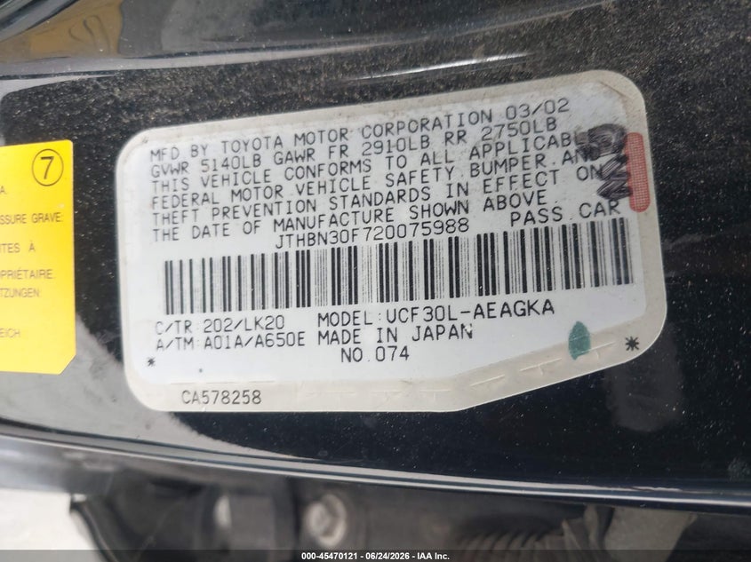 2002 Lexus Ls 430 VIN JTHBN30F720075988 IAAI salvage auction — NORMAL WEAR, Clear - Dealer Only (California), sold $475 on 2026-07-20 (photo 9)