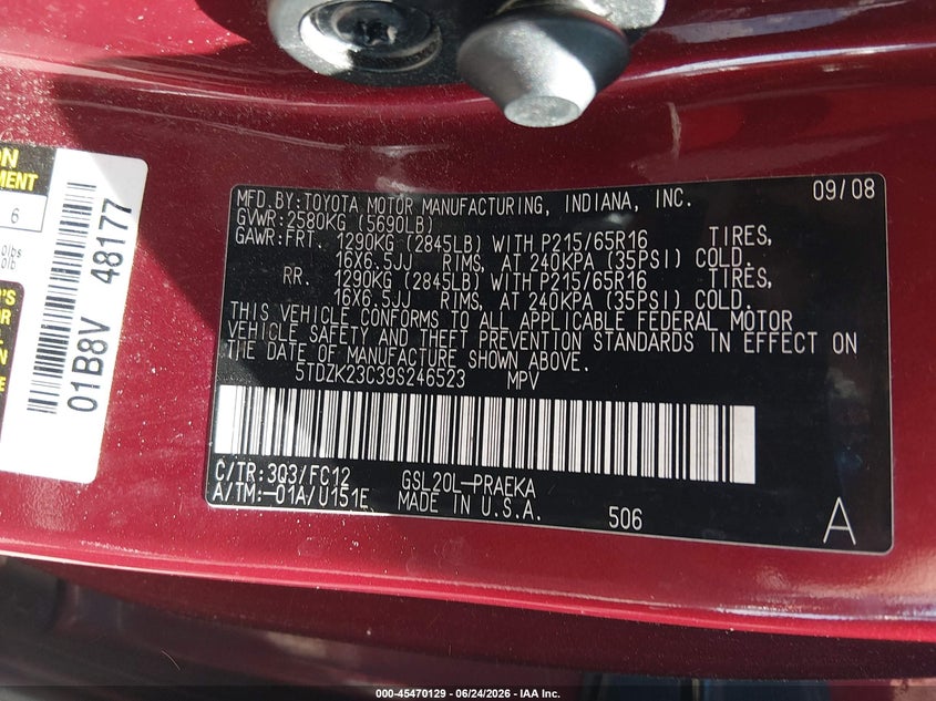 2009 Toyota Sienna VIN 5TDZK23C39S246523 IAAI salvage auction — REAR END, Salvage (Pennsylvania), sold $775 on 2026-07-15 (photo 9)