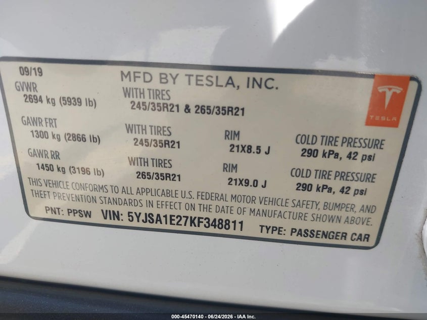 2019 Tesla Model s VIN 5YJSA1E27KF348811 IAAI salvage auction — FRONT END, Salvage Title, sold $2,600 on 2026-08-02 (photo 9)