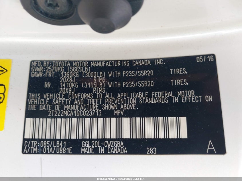 2016 Lexus VIN 2T2ZZMCA1GC023713 IAAI salvage auction — ROLLOVER, Salvage Title, sold $4,550 on 2026-07-23 (photo 9)