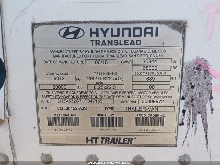 2017 Hyundai translead inc 53' semi trailer VIN 3H3V532C7HT047155 IAAI salvage auction — ROLLOVER, Salvage (Illinois), sold $125 on 2026-09-09 (photo 9)