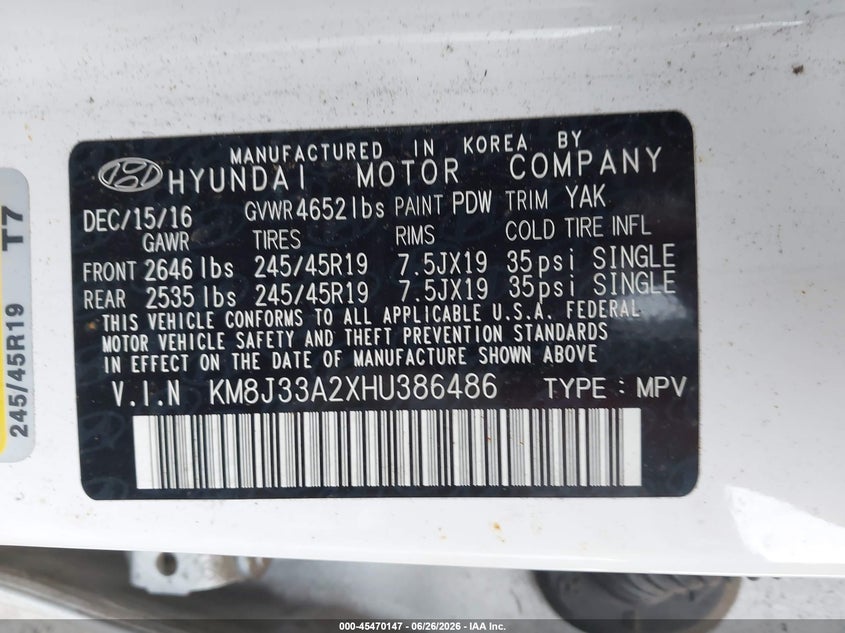 2017 Hyundai Tucson VIN KM8J33A2XHU386486 IAAI salvage auction — NORMAL WEAR, Clear-Dealer Only (North Carolina), sold $1,875 on 2026-07-29 (photo 9)