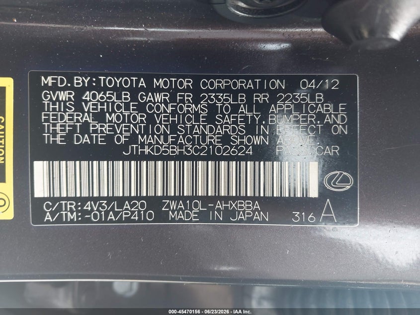 2012 Lexus VIN JTHKD5BH3C2102624 IAAI salvage auction — NORMAL WEAR, Clear (Tennessee), sold $2,500 on 2026-07-29 (photo 9)