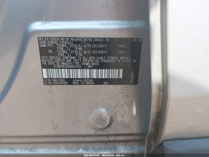 2016 Toyota Rav4 VIN 2T3BFREV2GW481455 IAAI salvage auction — NORMAL WEAR, Clear (Alabama), sold $8,400 on 2026-08-19 (photo 9)