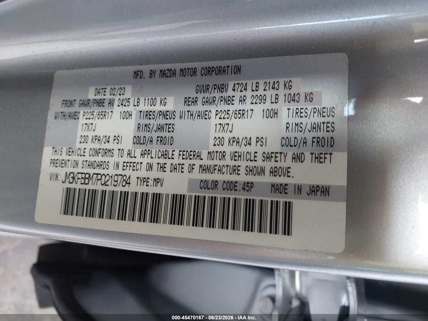 2023 Mazda Cx-5 VIN JM3KFBBM7P0219784 IAAI salvage auction — REAR END, Salvage Title, sold $6,600 on 2026-07-29 (photo 9)