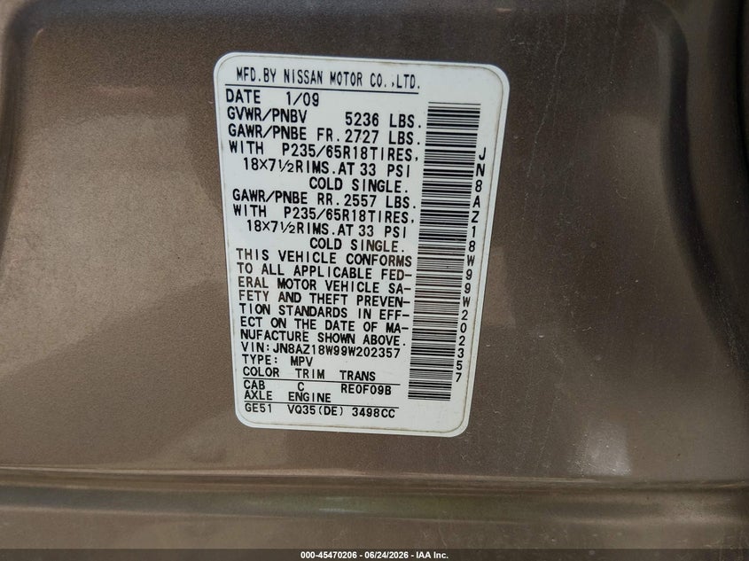 2009 Nissan Murano VIN JN8AZ18W99W202357 IAAI salvage auction — LEFT FRONT, Salvage (Ohio), sold $500 on 2026-07-15 (photo 9)