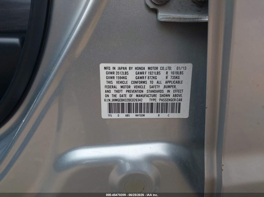 2013 Honda Fit VIN JHMGE8H32DC026342 IAAI salvage auction — LEFT FRONT, Salvage Title, sold $1,250 on 2026-07-18 (photo 9)