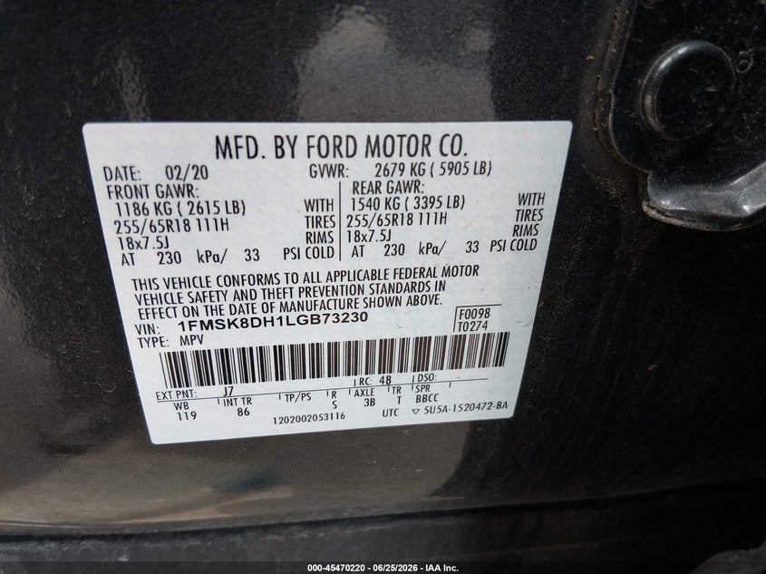 2020 Ford Explorer VIN 1FMSK8DH1LGB73230 IAAI salvage auction — HAIL, Salvage (Ohio), sold $7,550 on 2026-07-28 (photo 9)