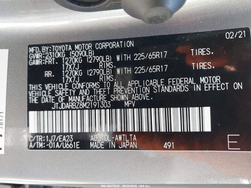 2021 Lexus VIN JTJDARBZ8M2191303 IAAI salvage auction — FRONT END, Salvage (California), sold $3,225 on 2026-07-21 (photo 9)