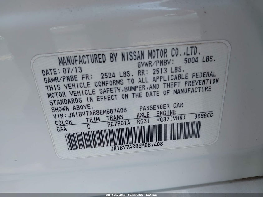 2014 Infiniti Q50 VIN JN1BV7AR8EM687408 IAAI salvage auction — RIGHT FRONT, Rebuildable (Florida), sold $2,350 on 2026-07-23 (photo 8)