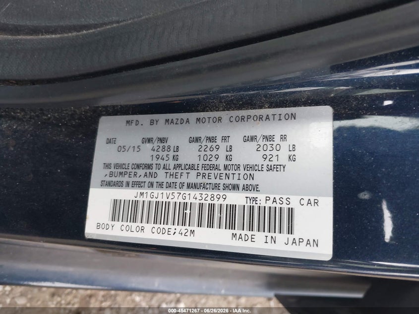 2016 Mazda 6 VIN JM1GJ1V57G1432899 IAAI salvage auction — RIGHT FRONT, Bill Of Sale (Washington), sold $950 on 2026-07-25 (photo 9)