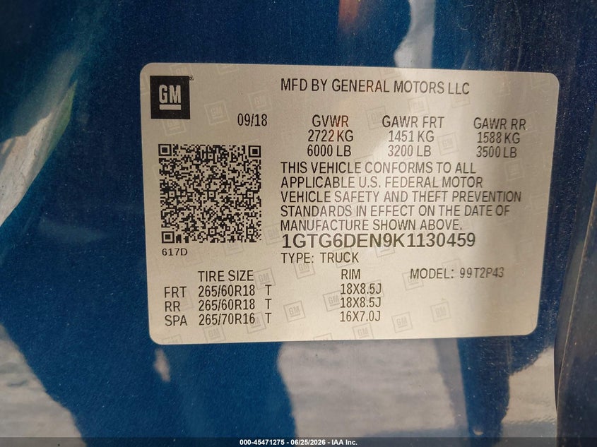 2019 Gmc Canyon VIN 1GTG6DEN9K1130459 IAAI salvage auction — LEFT FRONT, Salvage Title, sold $7,300 on 2026-07-31 (photo 9)