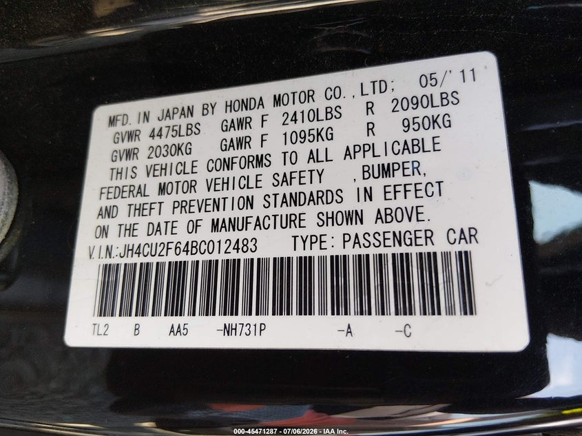 2011 Acura Tsx VIN JH4CU2F64BC012483 IAAI salvage auction — NORMAL WEAR, Clear - Public Restricted (Oregon), sold $500 on 2026-07-13 (photo 9)