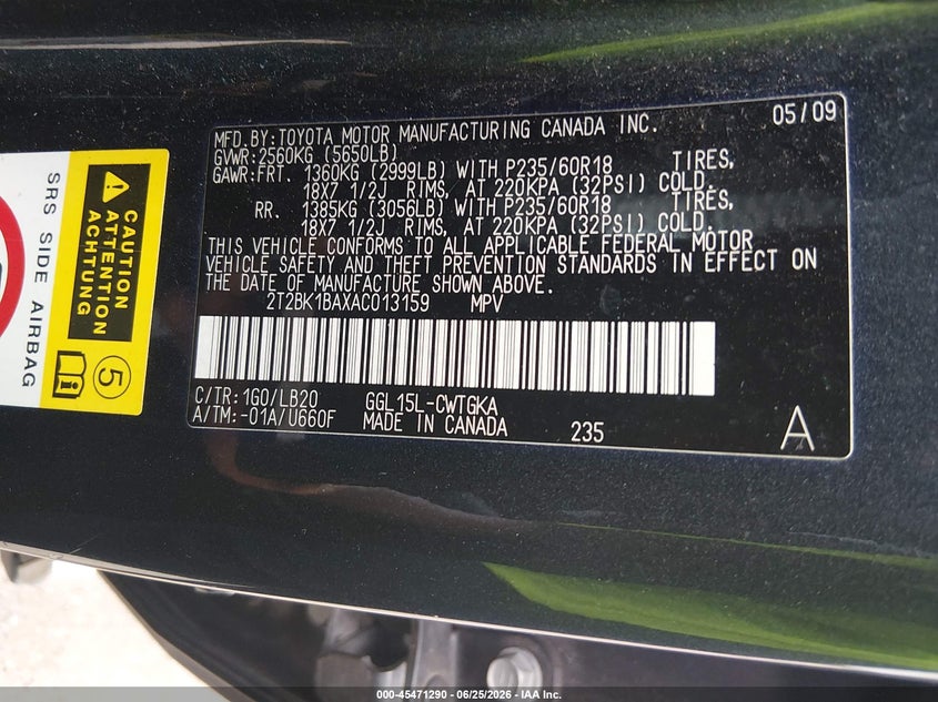 2010 Lexus Rx VIN 2T2BK1BAXAC013159 IAAI salvage auction — FRONT END, Salvage (Missouri), sold $1,650 on 2026-07-29 (photo 9)