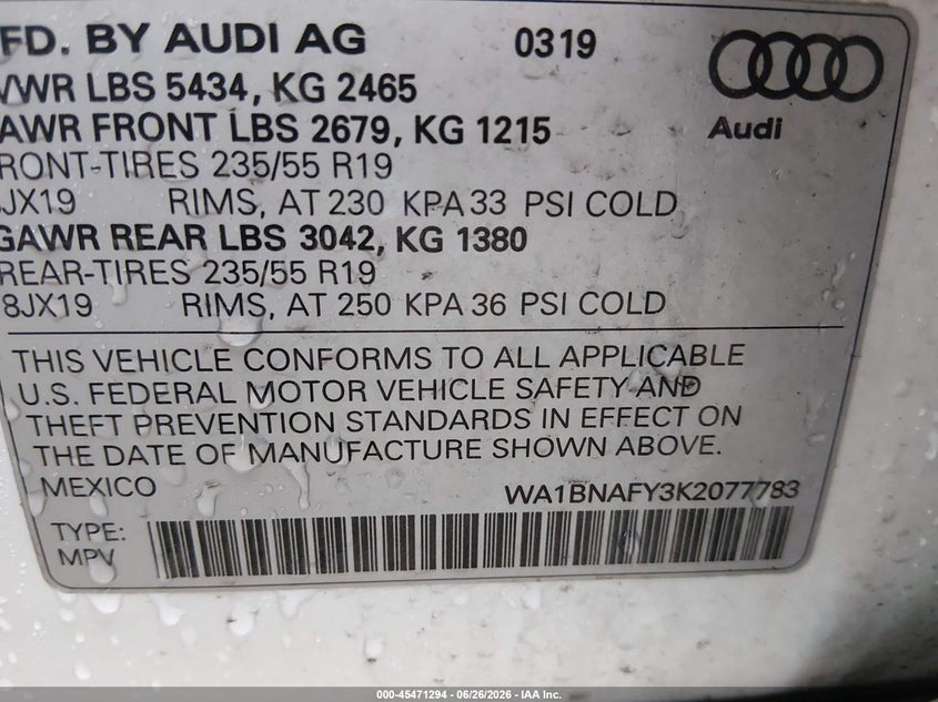 2019 Audi Q5 VIN WA1BNAFY3K2077783 IAAI salvage auction — SIDE, Clear (Indiana), sold $5,500 on 2026-07-29 (photo 9)