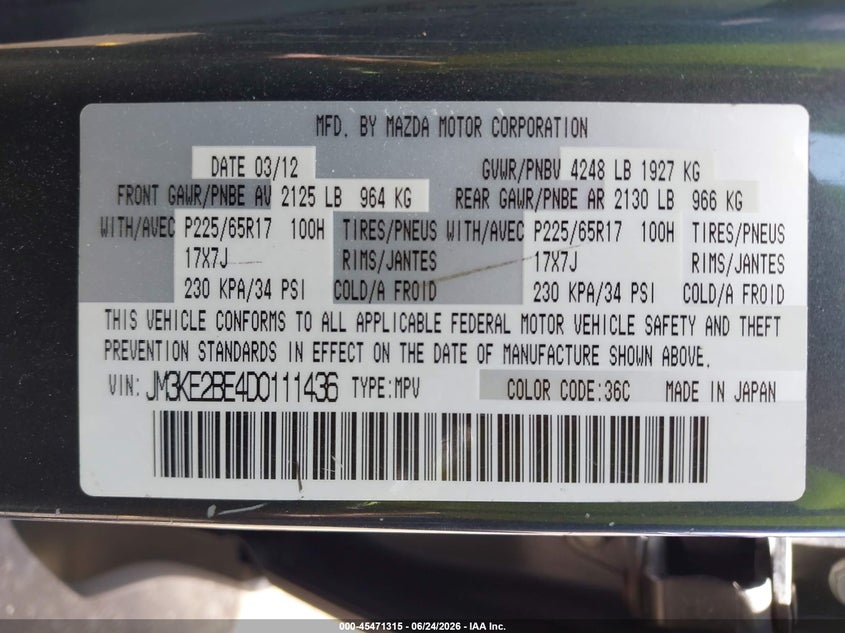2013 Mazda Cx-5 VIN JM3KE2BE4D0111436 IAAI salvage auction — FRONT END, Salvage Title, sold $575 on 2026-07-29 (photo 9)