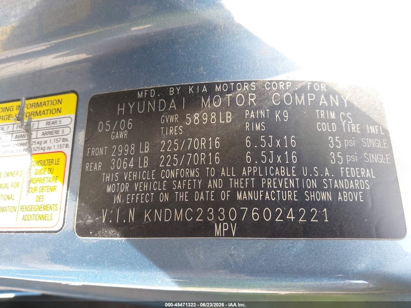 2007 Hyundai Entourage VIN KNDMC233076024221 IAAI salvage auction — NORMAL WEAR, Clear - Dealer Only (California), sold $725 on 2026-07-06 (photo 9)