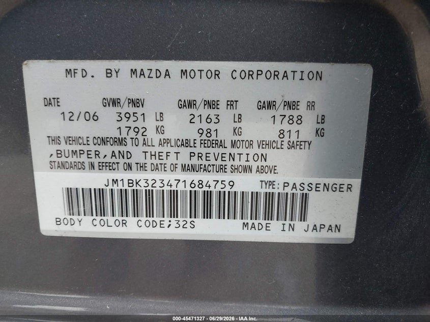2007 Mazda 3 VIN JM1BK323471684759 IAAI salvage auction — NORMAL WEAR, Clear (Washington), sold $375 on 2026-07-08 (photo 9)
