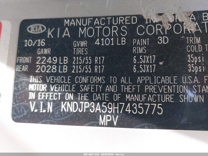 2017 Kia Soul VIN KNDJP3A59H7435775 IAAI salvage auction — NORMAL WEAR, Clear (Virginia), sold $800 on 2026-07-13 (photo 9)