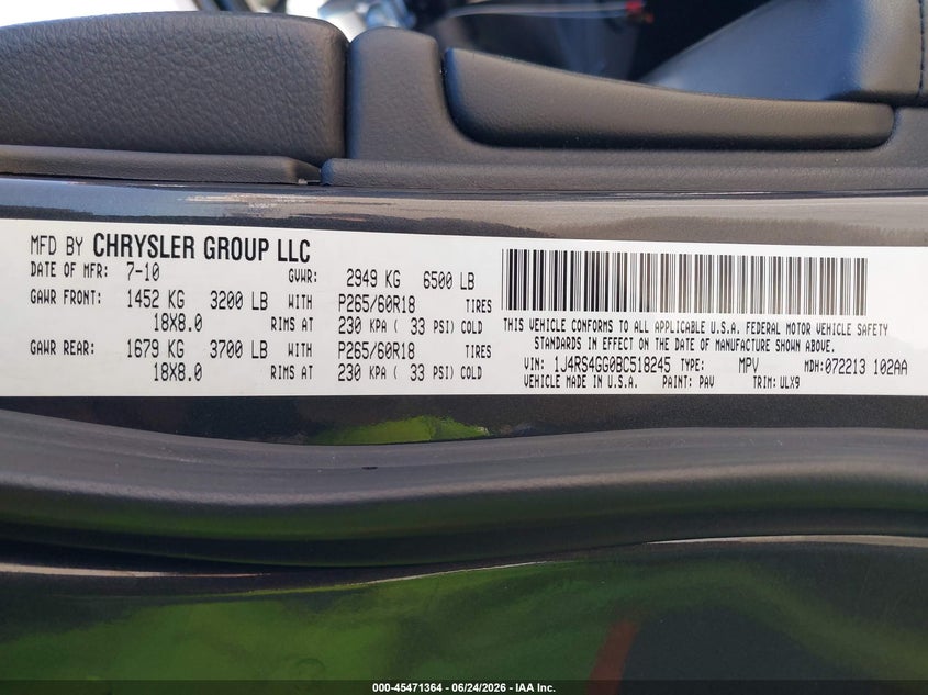 2011 Jeep Grand cherokee VIN 1J4RS4GG0BC518245 IAAI salvage auction — SIDE, Salvage (California), sold $925 on 2026-07-23 (photo 9)