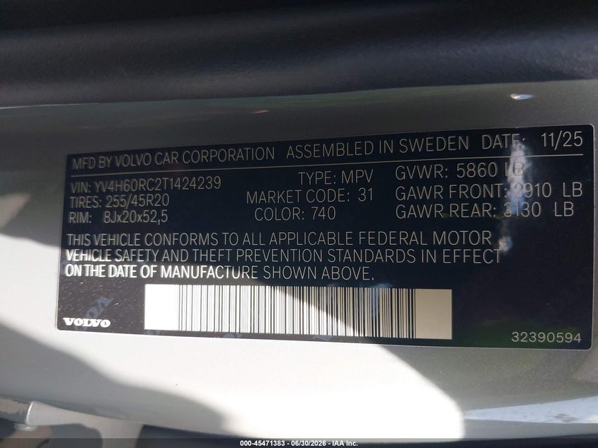 2026 Volvo Xc60 VIN YV4H60RC2T1424239 IAAI salvage auction — FRONT END, Salvage Title, sold $9,450 on 2026-08-14 (photo 9)