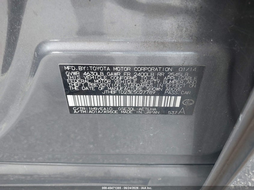 2014 Lexus Is VIN JTHBF1D23E5027789 IAAI salvage auction — NORMAL WEAR, Clear (Florida), sold $2,550 on 2026-07-30 (photo 9)