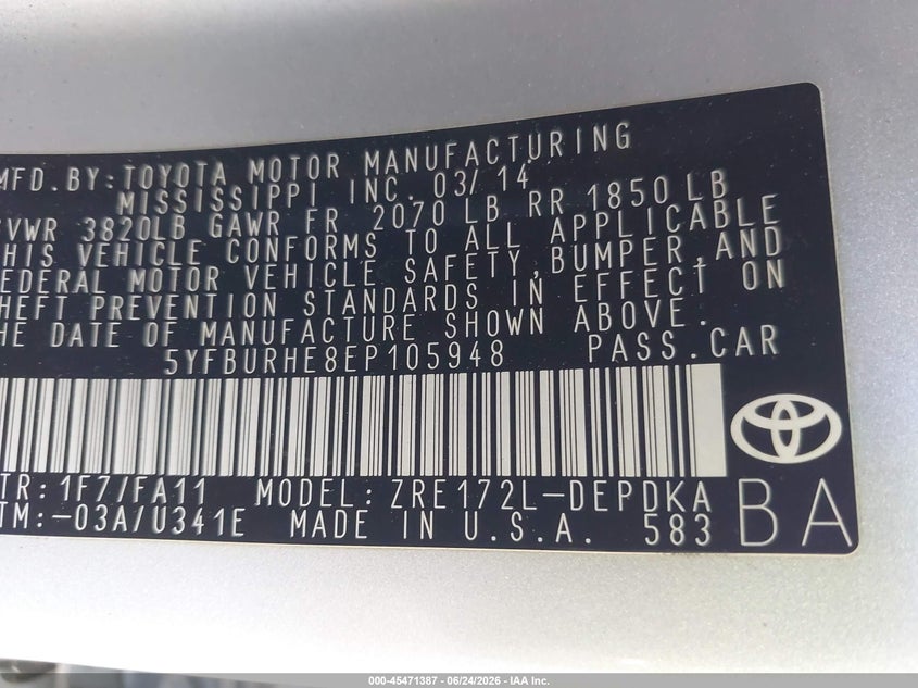 2014 Toyota Corolla VIN 5YFBURHE8EP105948 IAAI salvage auction — FRONT END, Salvage Title, sold $125 on 2026-07-22 (photo 9)