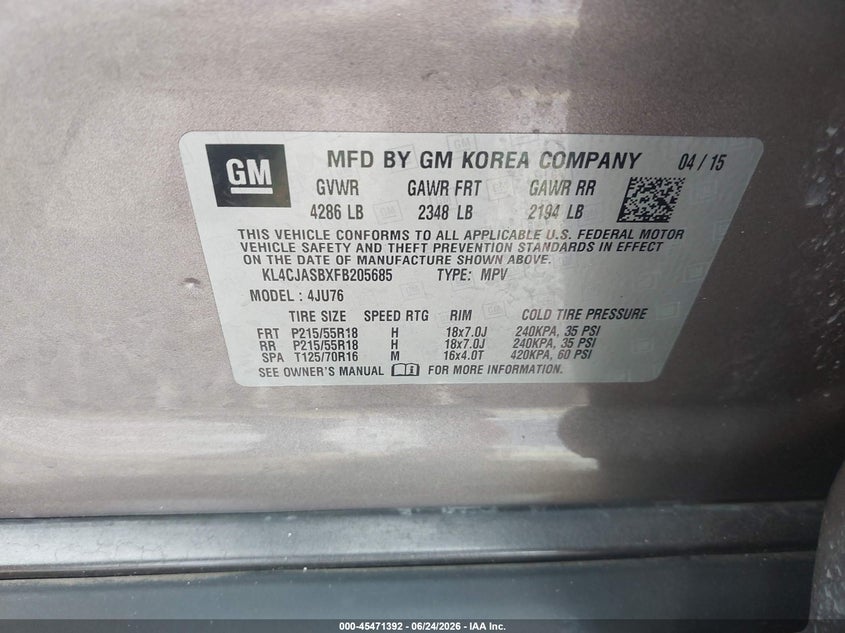 2015 Buick Encore VIN KL4CJASBXFB205685 IAAI salvage auction — EXTERIOR BURN, Salvage Title, sold $650 on 2026-07-22 (photo 9)