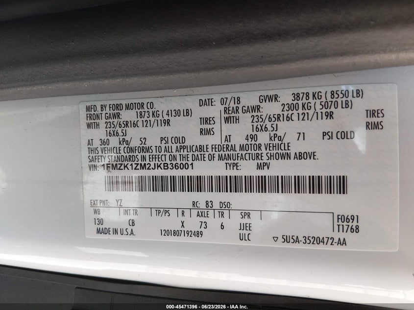 2018 Ford Transit 150 VIN 1FMZK1ZM2JKB36001 IAAI salvage auction — RIGHT SIDE, SF97 (California), sold $10,100 on 2026-07-30 (photo 9)